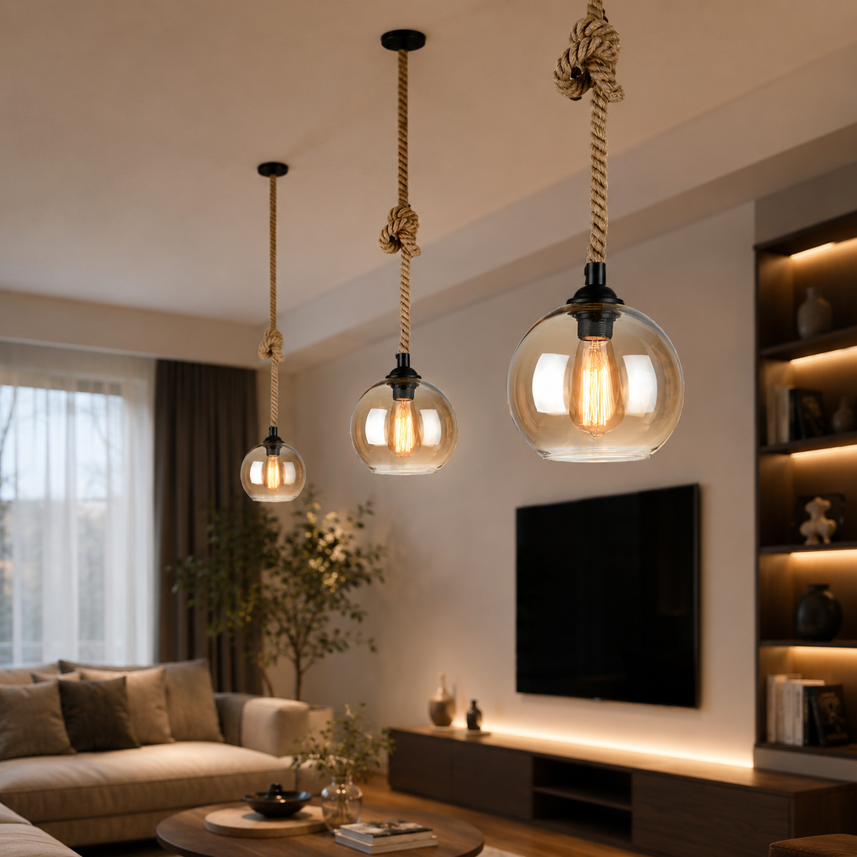 Traditional Vintage Glass Metal Rope Hanging Round 1-Light Pendant Light for Living Room