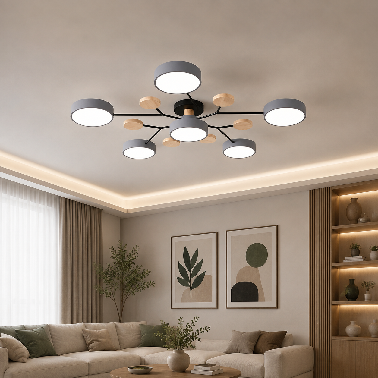 Contemporary Scandinavian Round Molecule Branch Design LED Semi-Flush Mount Ceiling Light For Living Room