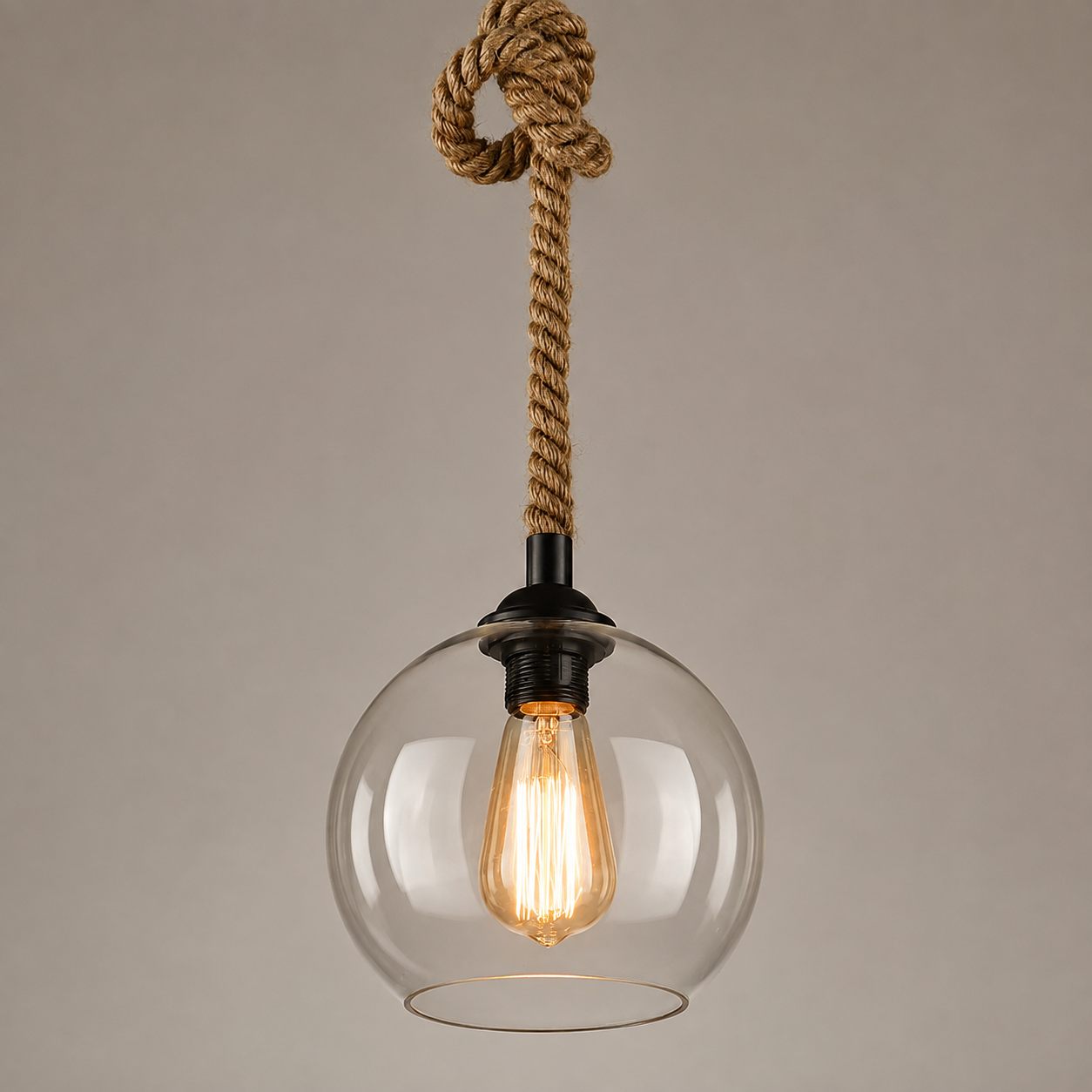 Traditional Vintage Glass Metal Rope Hanging Round 1-Light Pendant Light for Living Room