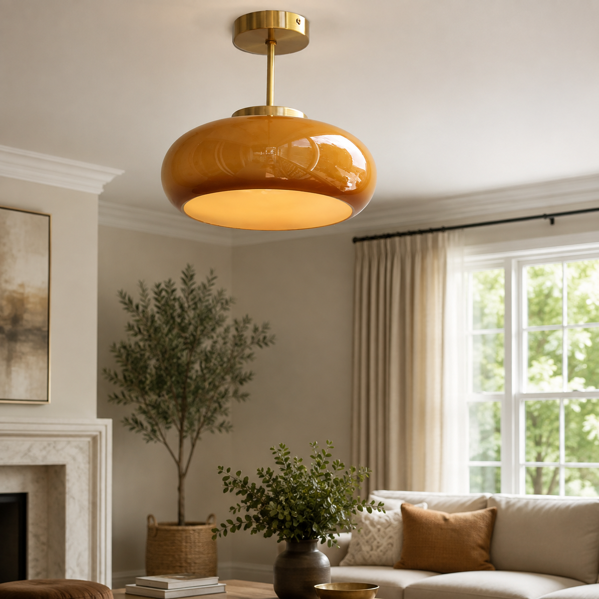 Vintage Brass Yellow Glass 1-Light Semi-Flush Mount Ceiling Light