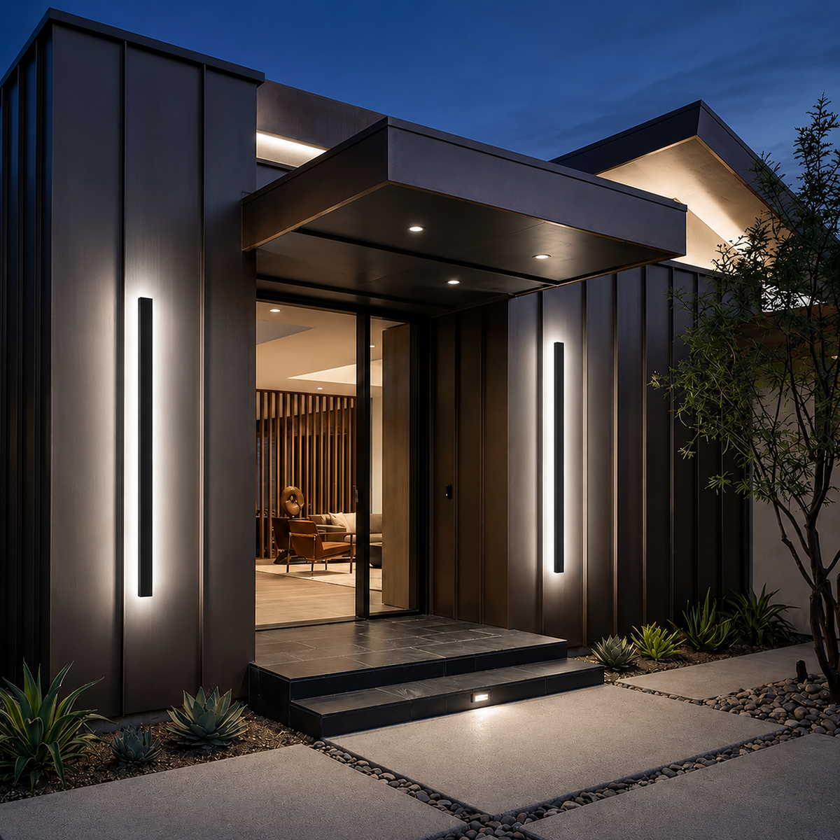 Modern house exterior at dusk with dark metal siding, vertical wall lights, a covered entryway, glass doors, and landscaped walkway with small plants.