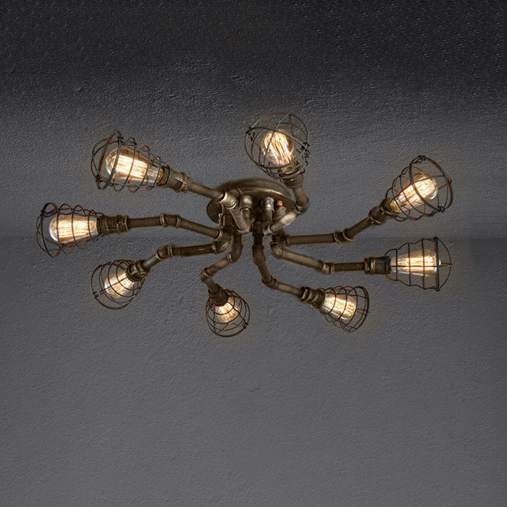 Industrial Vintage Water Pipe Round Iron 4/6/8 Light Flush Mount Ceiling Light