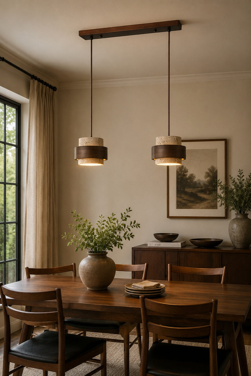 Travertine Wood Pendant Lamp - Modern Organic Hanging Light for Living Room