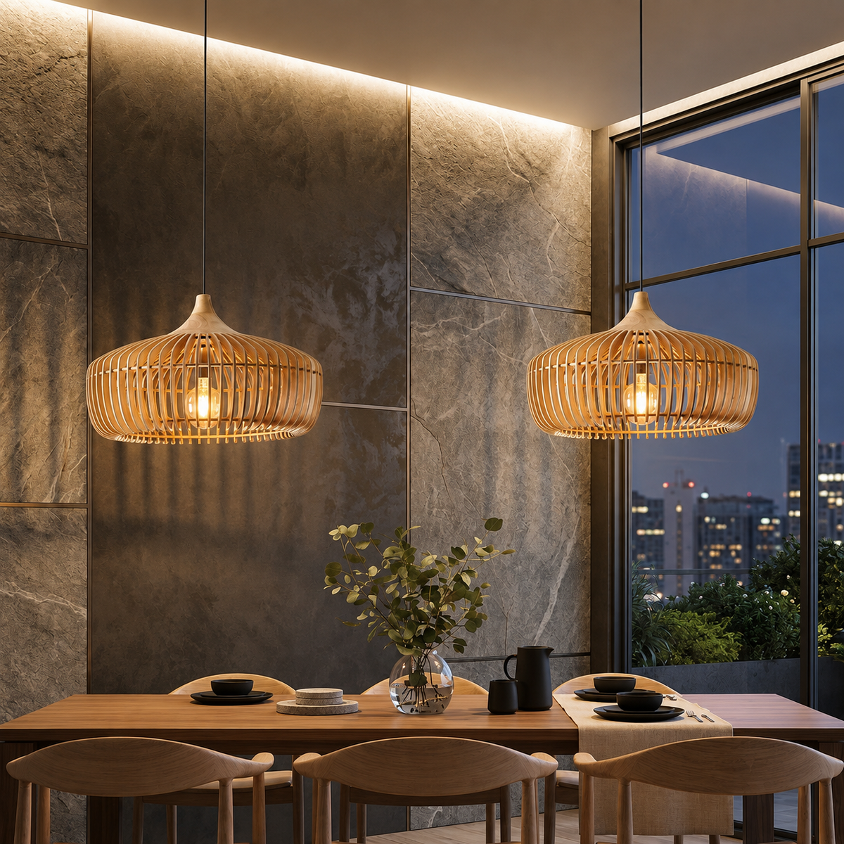 Two woven bamboo pendant lights hang over a wooden dining table in a modern dining room with stone wall panels and a large window overlooking a city skyline at dusk.