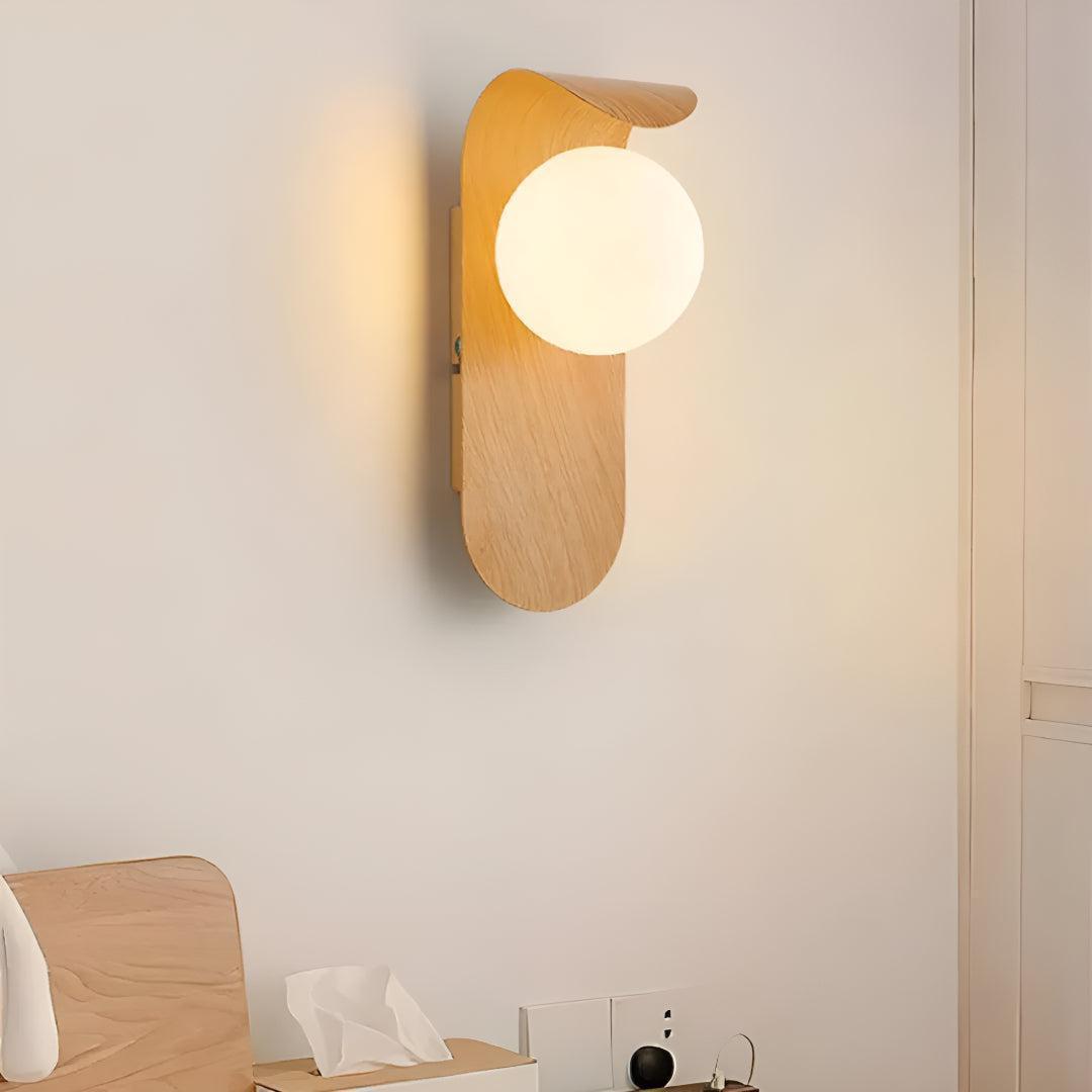 Modern Curved Wooden Wall Sconce Light With Frosted Globe