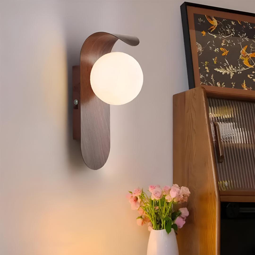 Modern Curved Wooden Wall Sconce Light With Frosted Globe