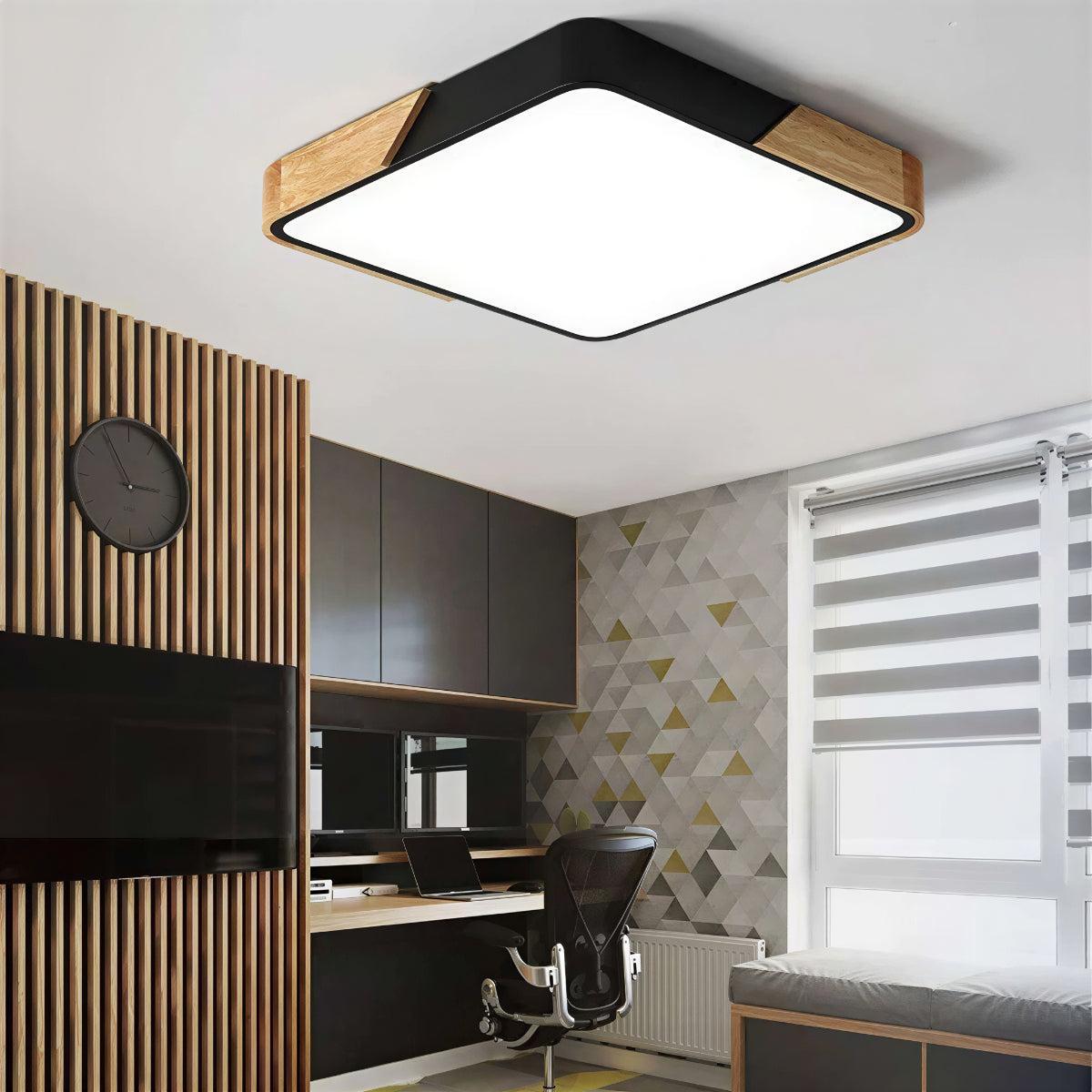 Modern Square Flush Mount Ceiling Light with Wooden Trim