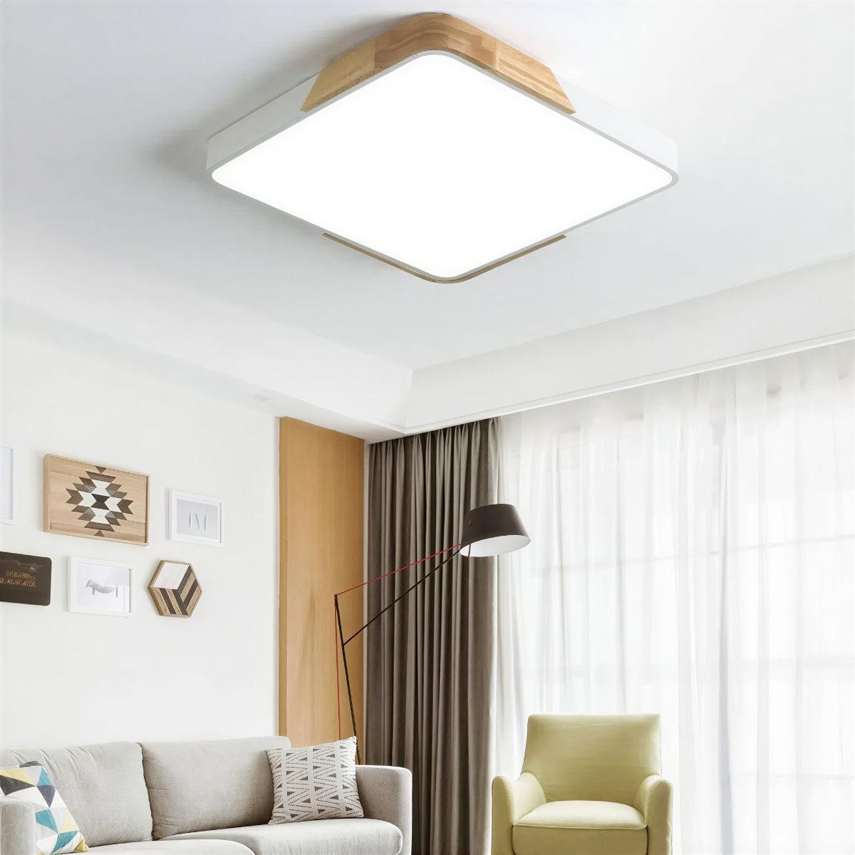 Modern Square Flush Mount Ceiling Light with Wooden Trim
