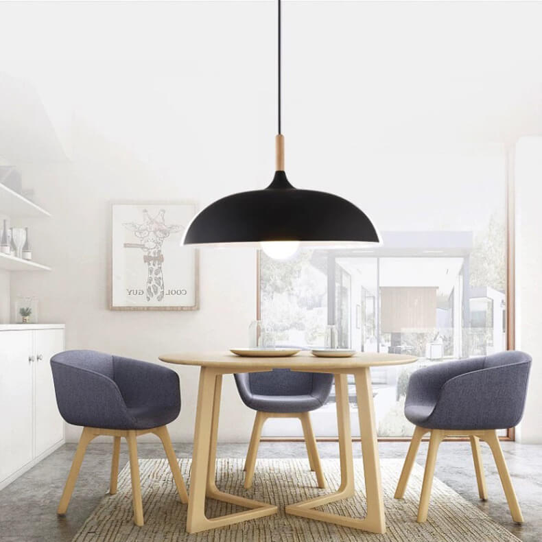 Modern Minimalist Metal Wooden Top 1-Light Dome Pendant Light For Dining Room & Living Room