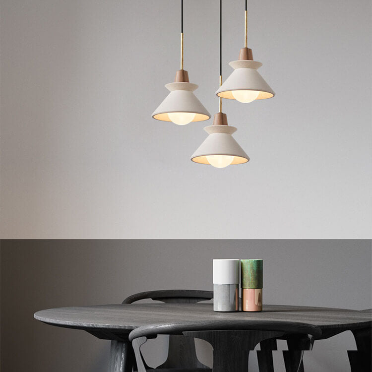 Modern Minimalist White Cement Iron Wood 1-Light Tapered Pendant Light For Dining Room