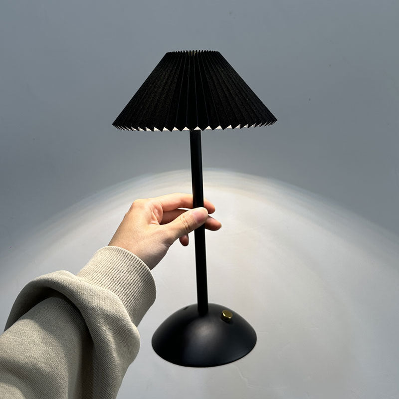 Contemporary Scandinavian Rechargeable Iron Fabric Conic Pleated 1-Light Table Lamp For Bedside