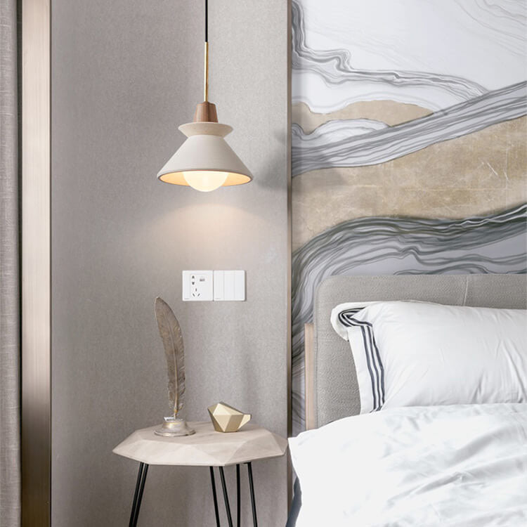 Modern Minimalist White Cement Iron Wood 1-Light Tapered Pendant Light For Dining Room