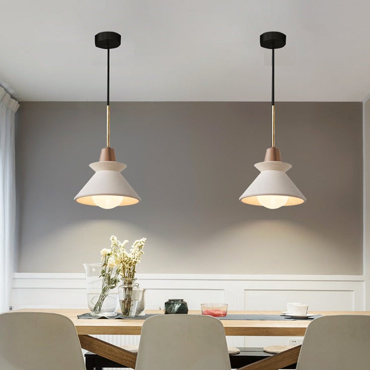 Modern Minimalist White Cement Iron Wood 1-Light Tapered Pendant Light For Dining Room