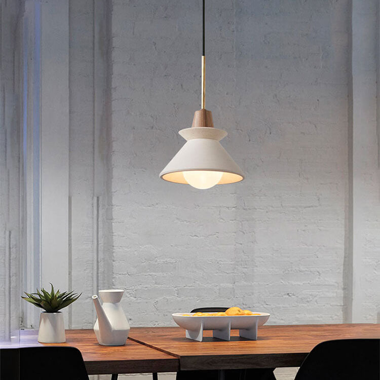 Modern Minimalist White Cement Iron Wood 1-Light Tapered Pendant Light For Dining Room