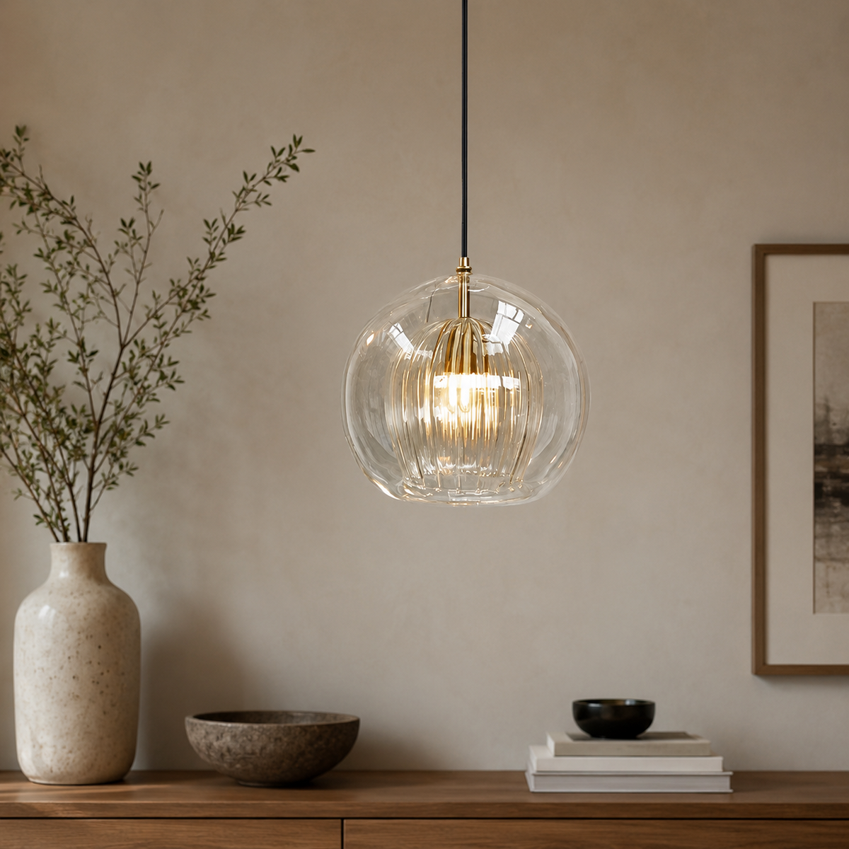 A clear glass spherical pendant light with a ribbed glass body and warm glowing bulb, hanging in a styled interior above a wooden console with a vase, bowls, and books.