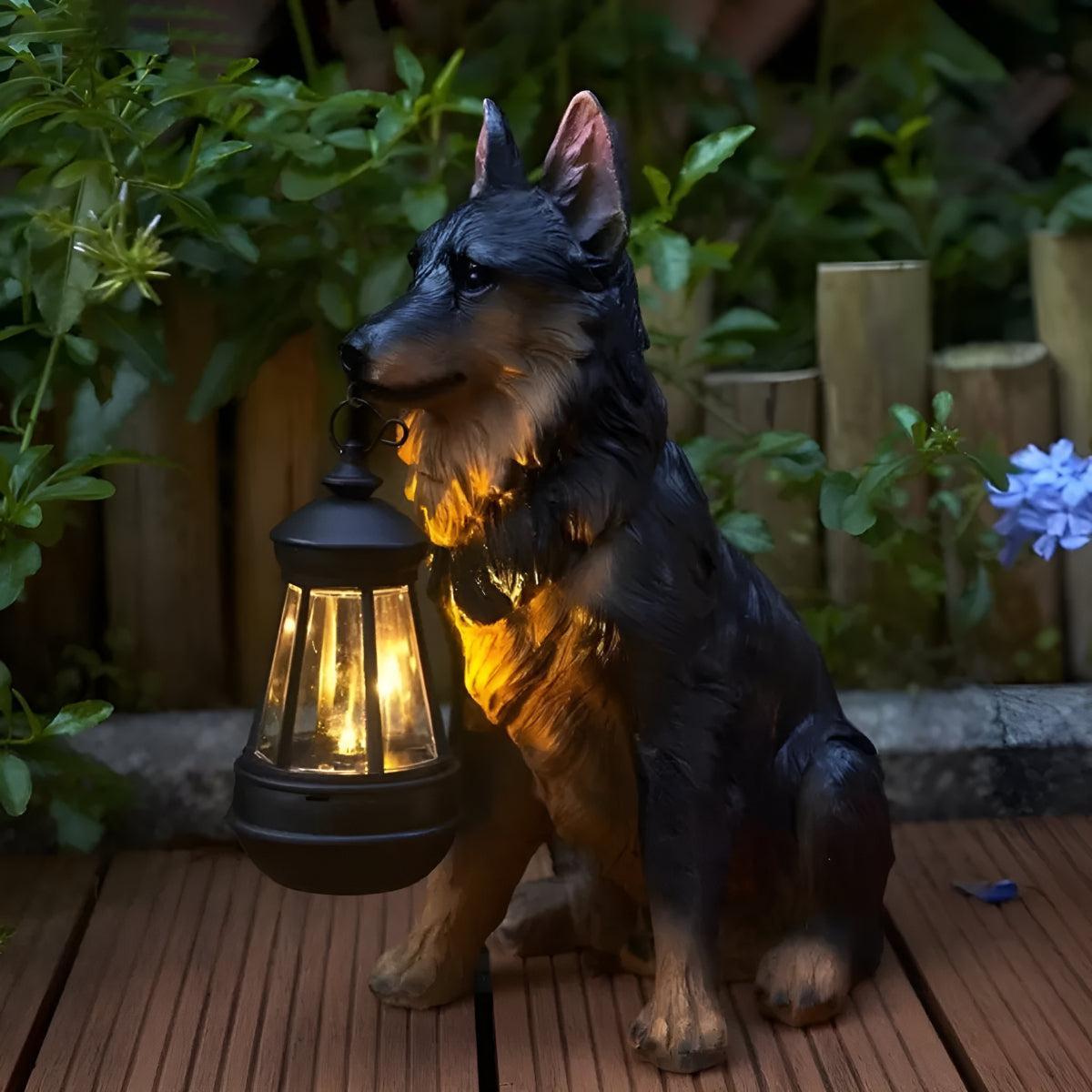 Outdoor Dog Statue Solar Garden Light with Lantern