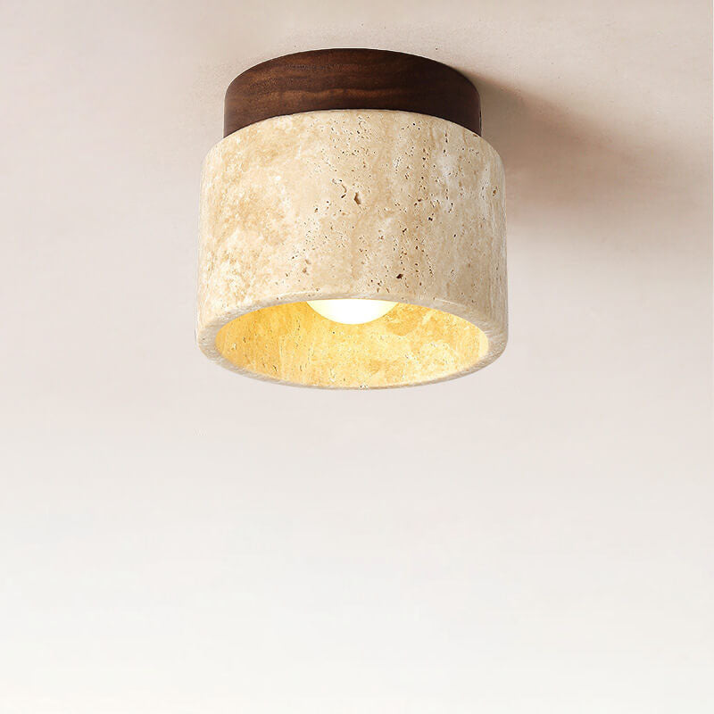 Traditional Vintage Round Travertine 1-Light Flush Mount Ceiling Light For Hallway
