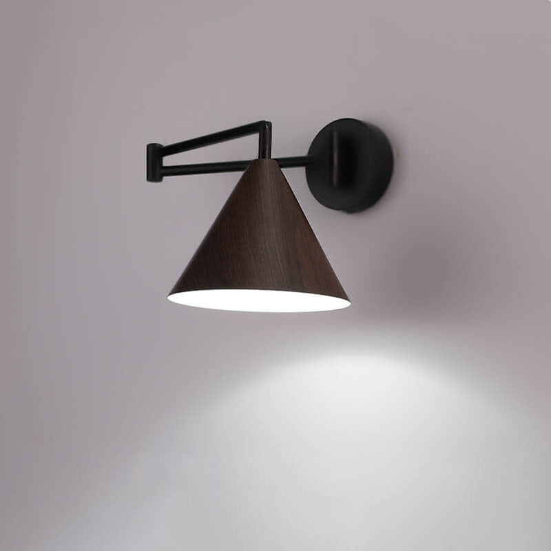 Contemporary Nordic Cone Swing Arm Wood Grain Iron 1-Light Wall Sconce Lamp For Bedroom