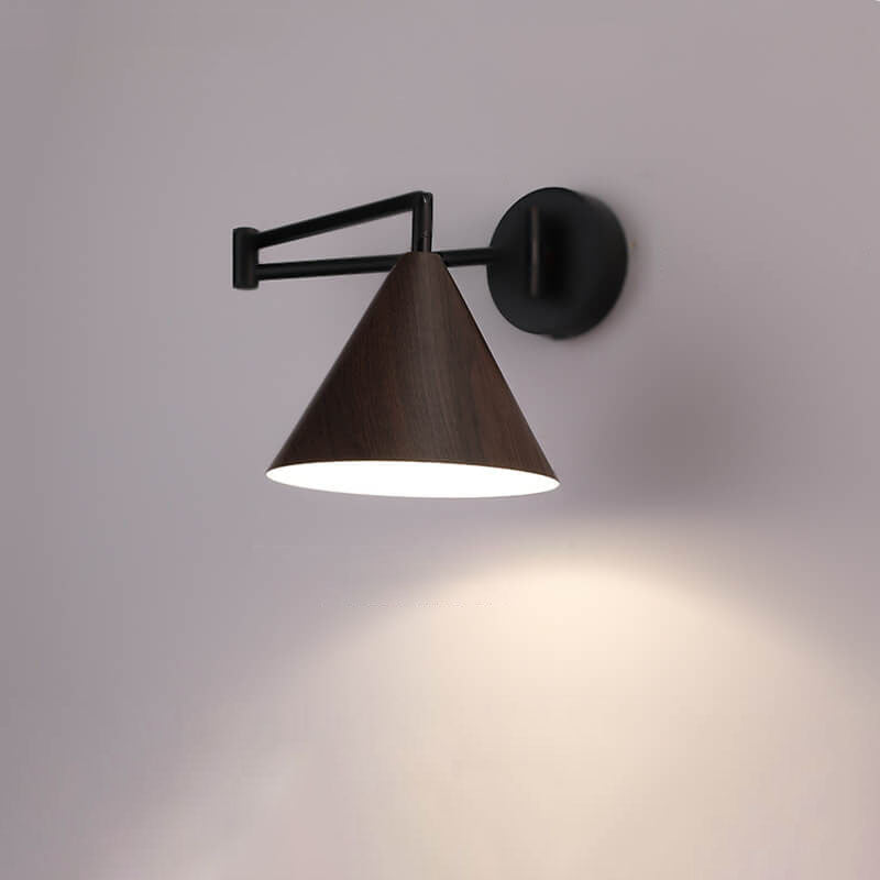 Contemporary Nordic Cone Swing Arm Wood Grain Iron 1-Light Wall Sconce Lamp For Bedroom