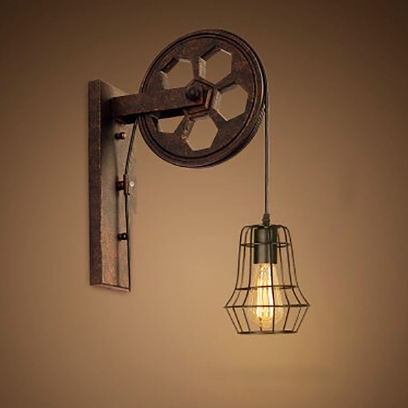 Traditional Vintage Pulley Iron Wood 1-Light Wall Sconce Lamp