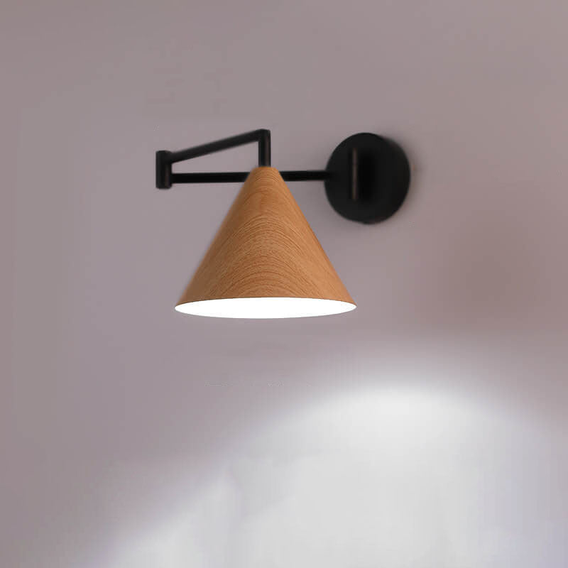 Contemporary Nordic Cone Swing Arm Wood Grain Iron 1-Light Wall Sconce Lamp For Bedroom
