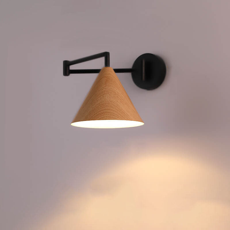 Contemporary Nordic Cone Swing Arm Wood Grain Iron 1-Light Wall Sconce Lamp For Bedroom