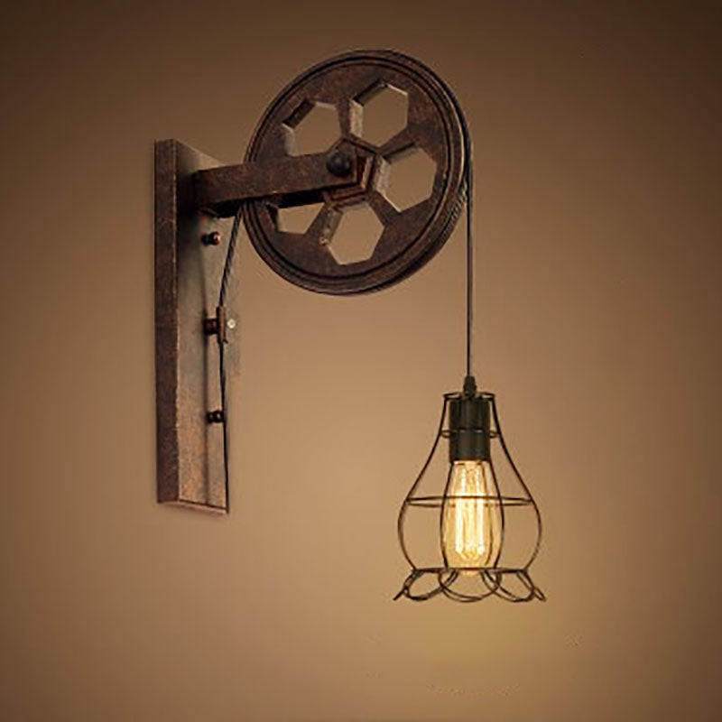 Traditional Vintage Pulley Iron Wood 1-Light Wall Sconce Lamp