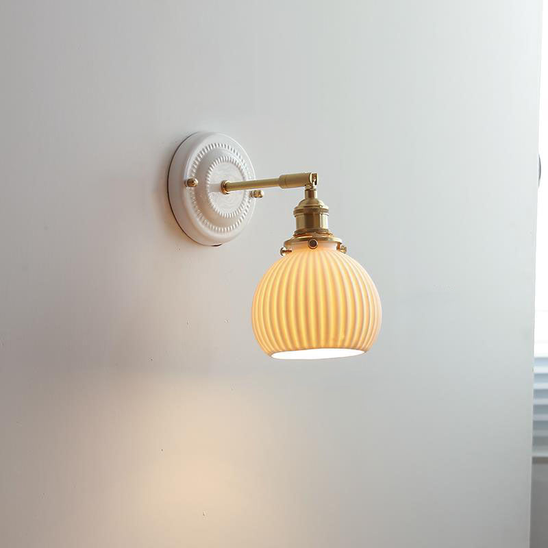 Traditional Vintage Round Ceramic Brass 1-Light Wall Sconce Lamp for Living Room