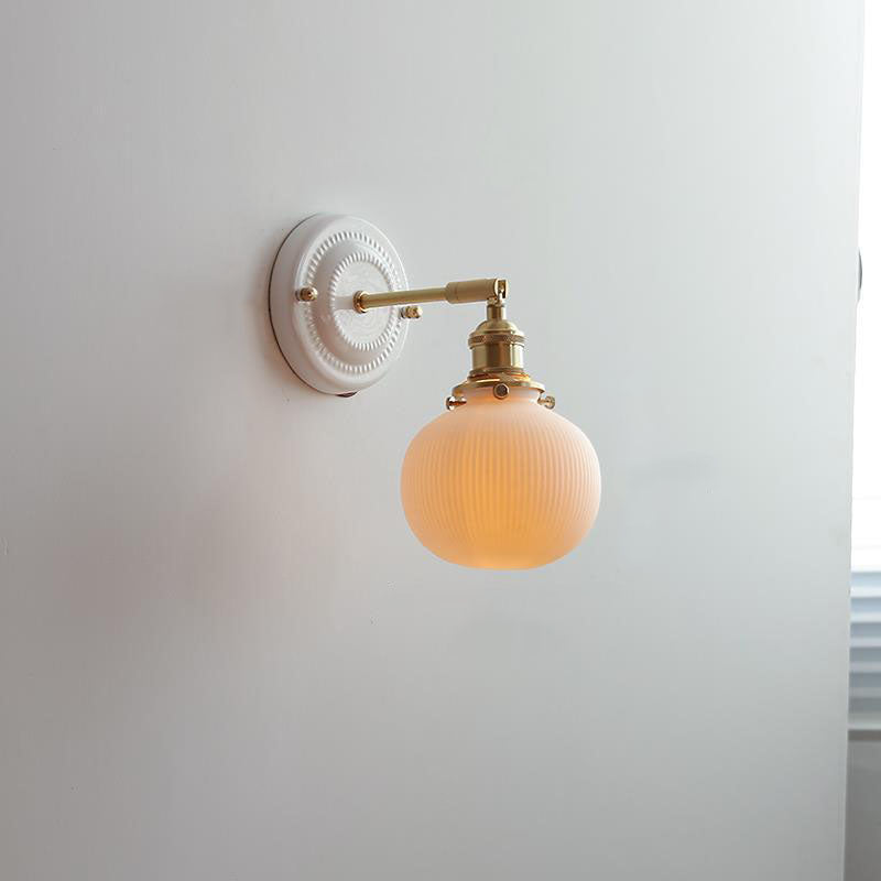 Traditional Vintage Round Ceramic Brass 1-Light Wall Sconce Lamp for Living Room