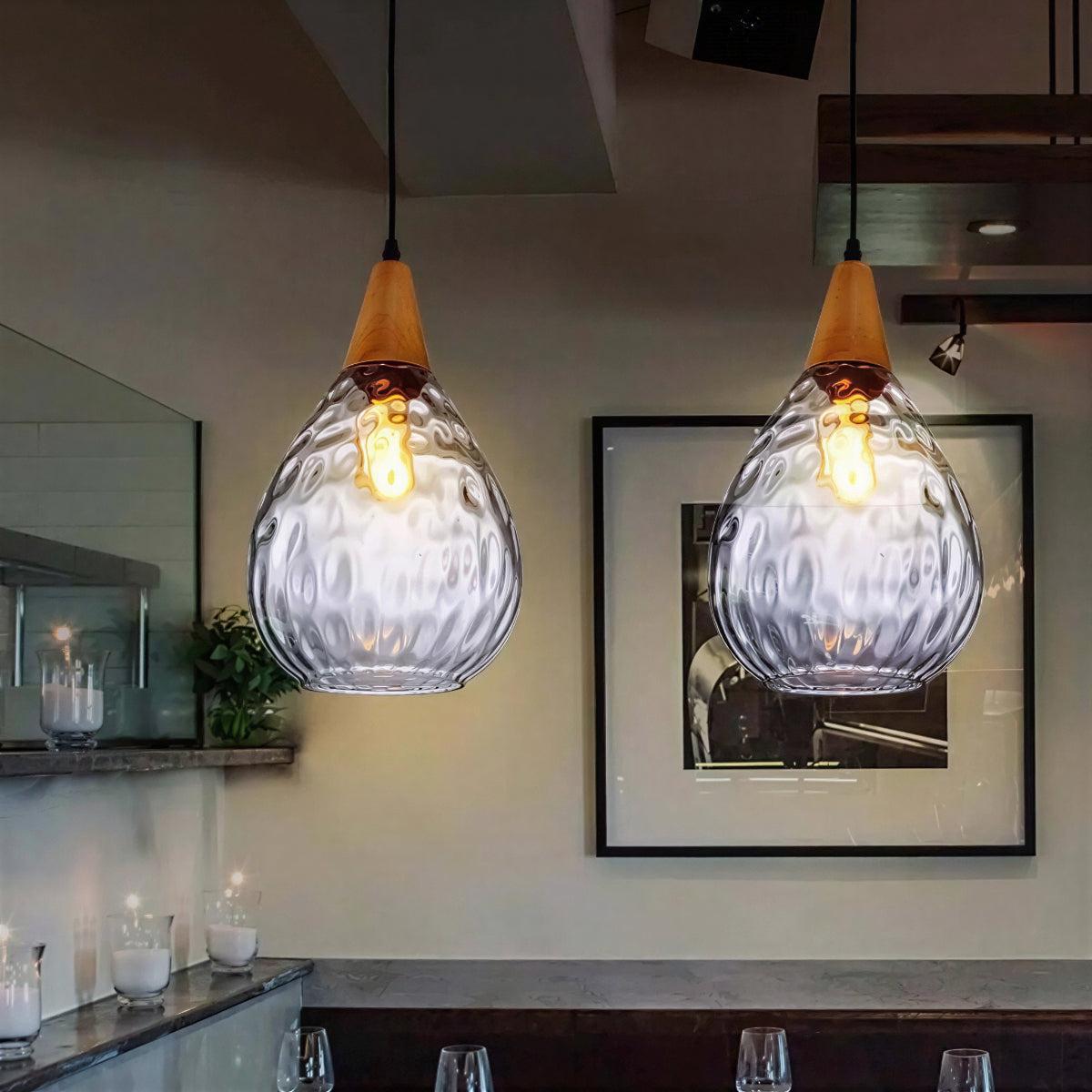 Teardrop Pendant Light With Wood and Glass Shade Style