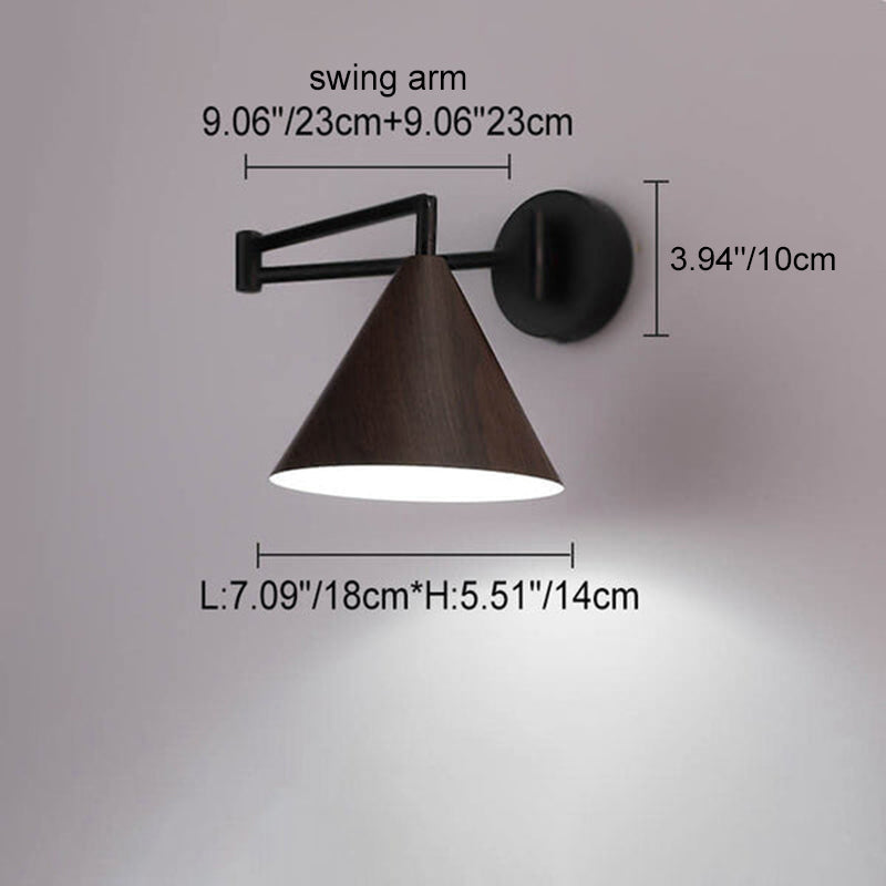 Contemporary Nordic Cone Swing Arm Wood Grain Iron 1-Light Wall Sconce Lamp For Bedroom