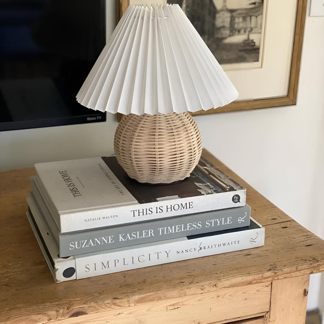 Woven Rattan Small Table Lamp With Pleated Shade