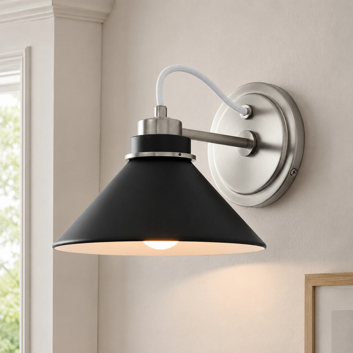Curved Arm Globe Wall Sconce – Modern Industrial Wall Lamp for Bathroom, Bedroom, and Hallway