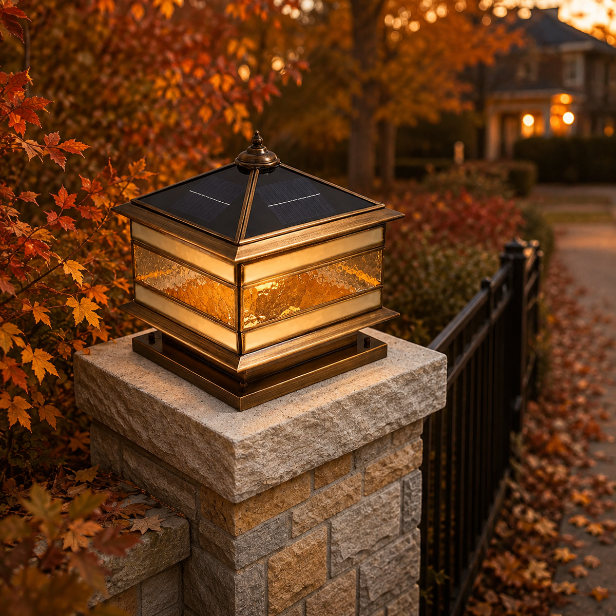 Stone Pillar Solar Lights Retro Copper Waterproof Fence Post Light
