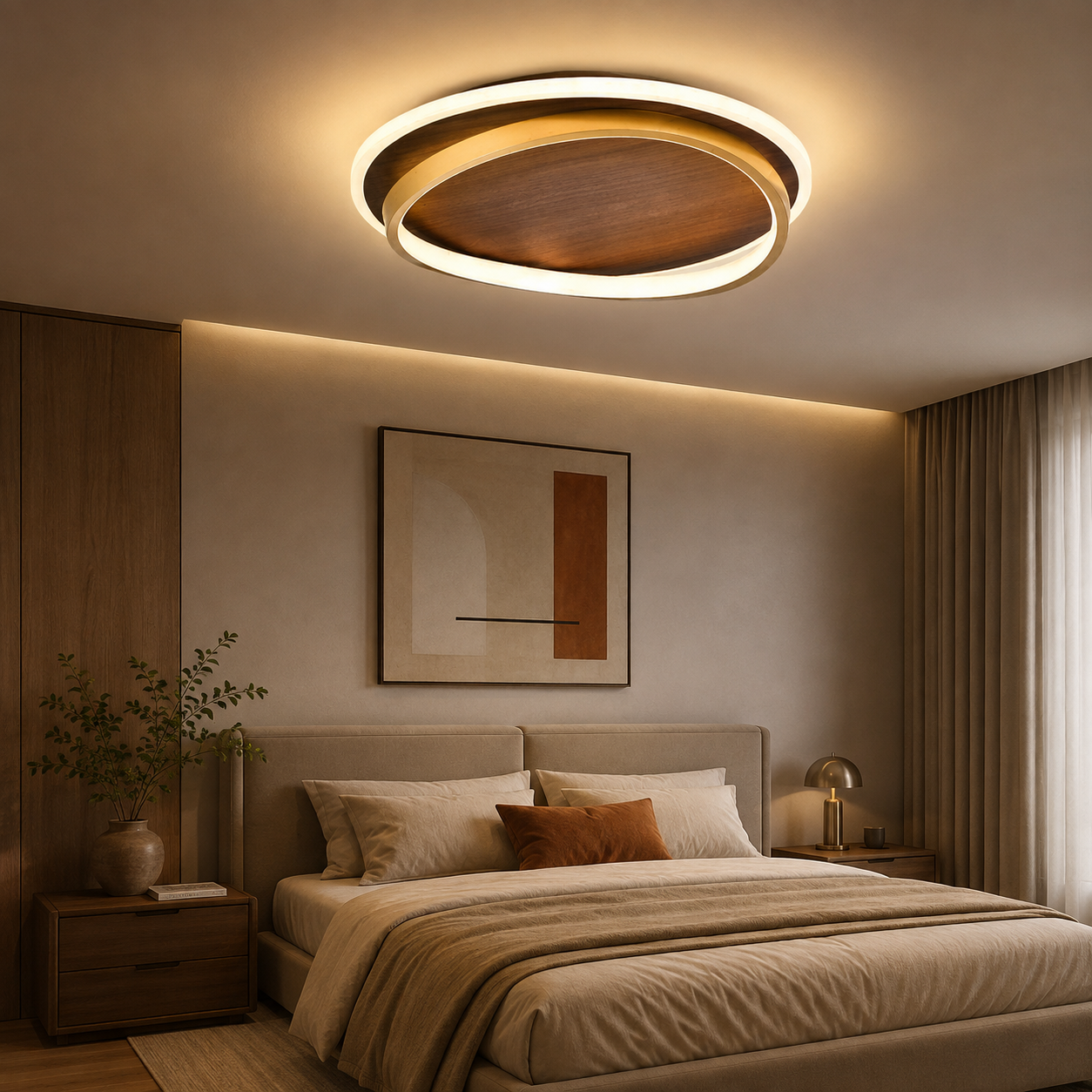 Nordic Minimalist Circular Walnut Grain LED Flush Mount Ceiling Light