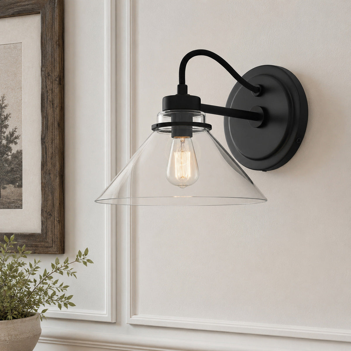 Curved Arm Globe Wall Sconce – Modern Industrial Wall Lamp for Bathroom, Bedroom, and Hallway
