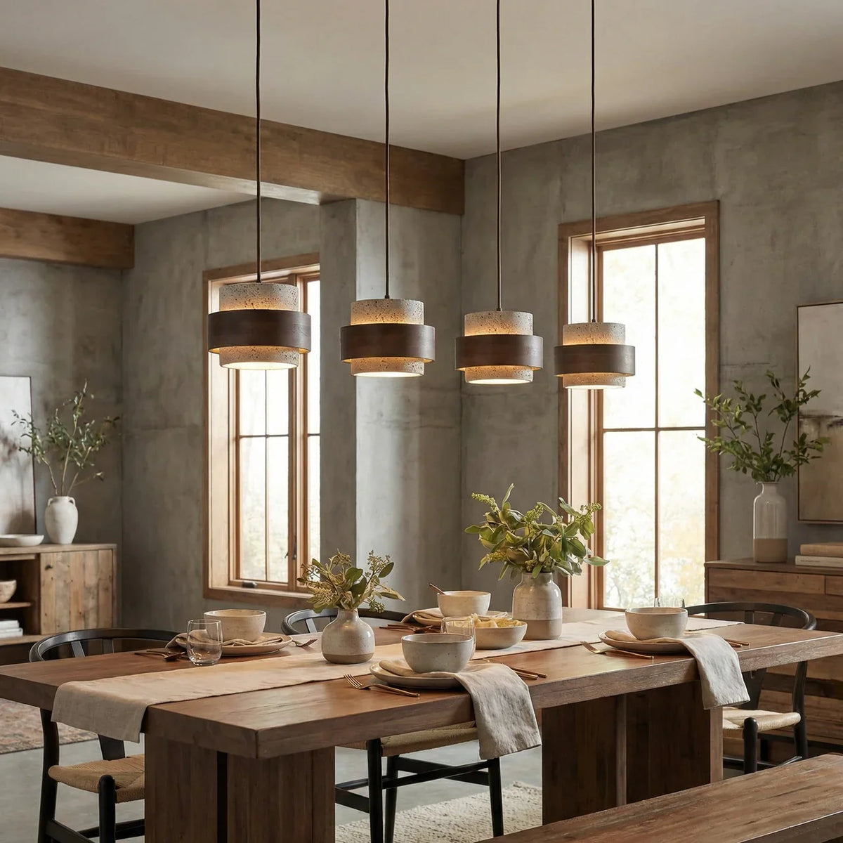 Travertine Wood Pendant Lamp - Modern Organic Hanging Light for Living Room