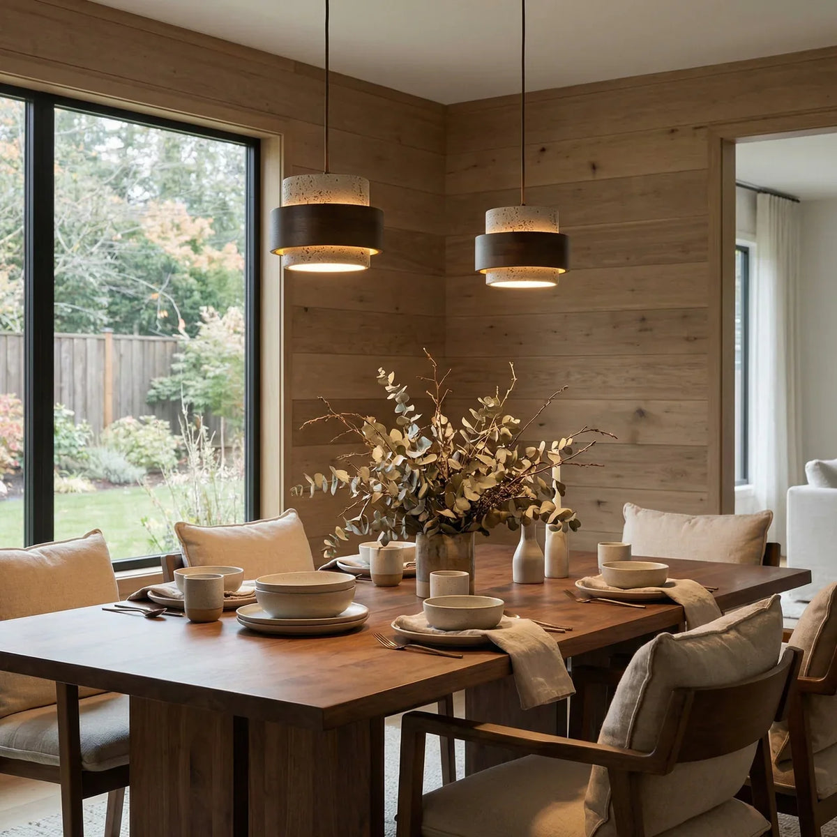 Travertine Wood Pendant Lamp - Modern Organic Hanging Light for Living Room