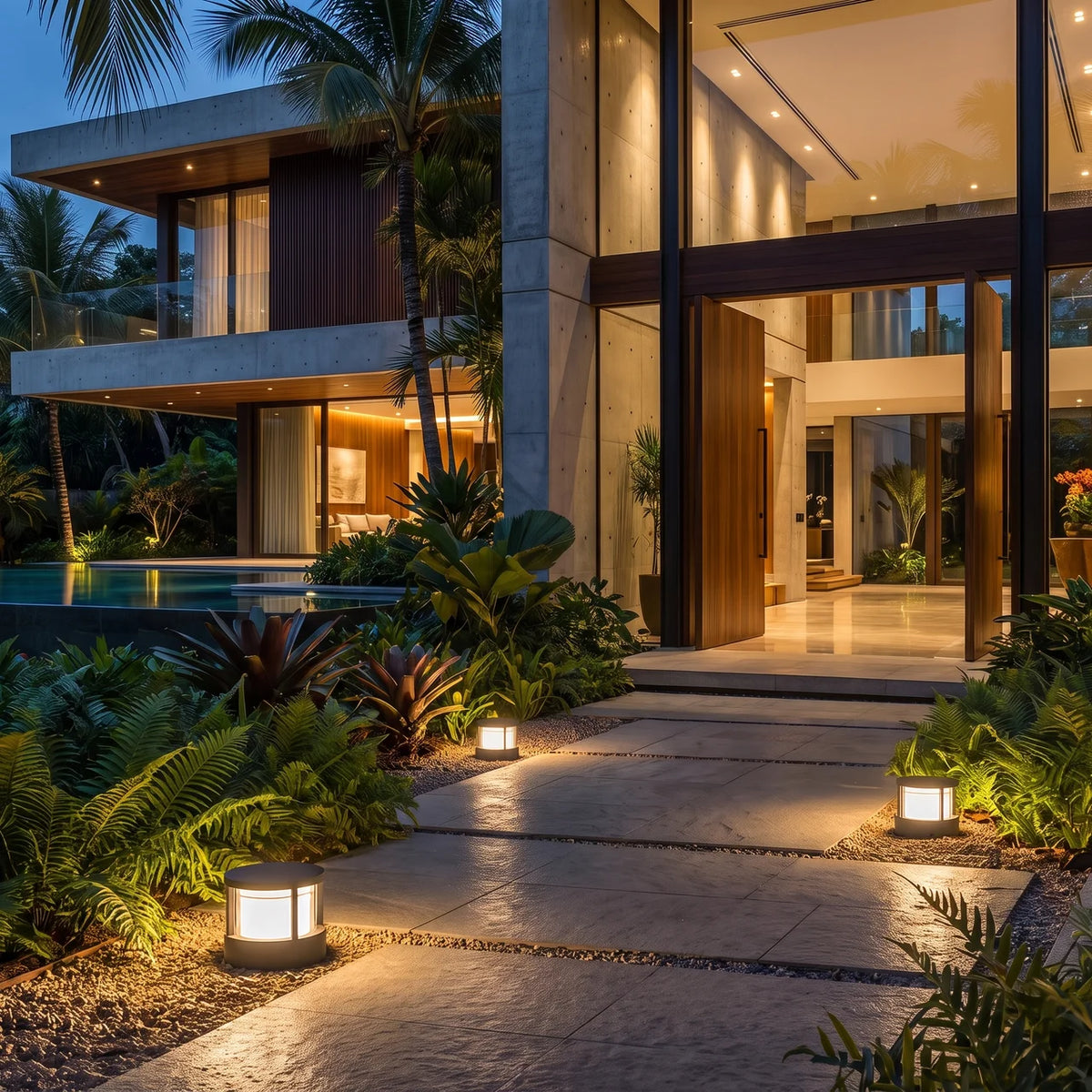 Modern Round Outdoor Post Light Double-Layered Lampshade Light