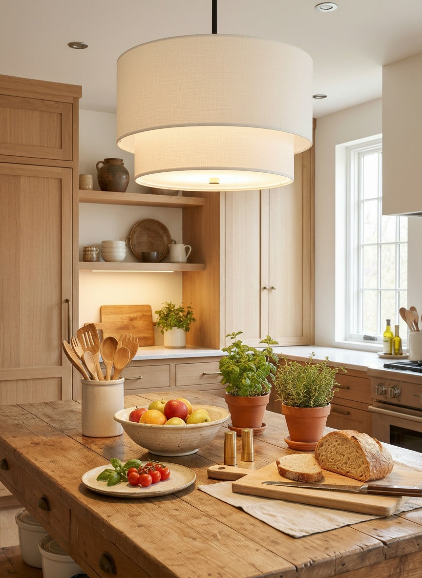 Double Fabric Drum Pendant Light - Modern Layered Shade Ceiling Lamp Perfect for Dining Room or Living Room