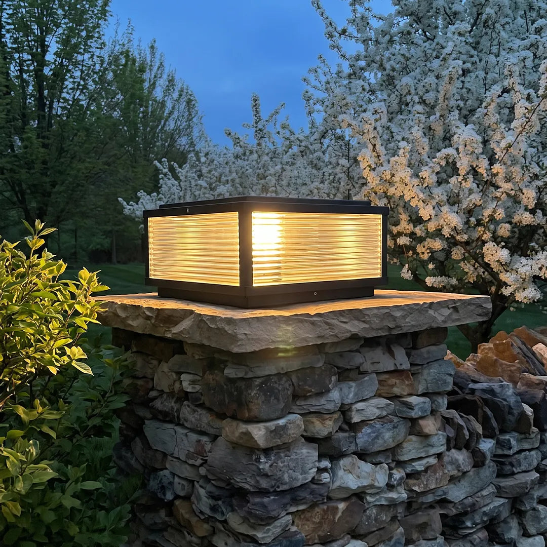 Square Pillar Light Ribbed Glass Outdoor Metal Light