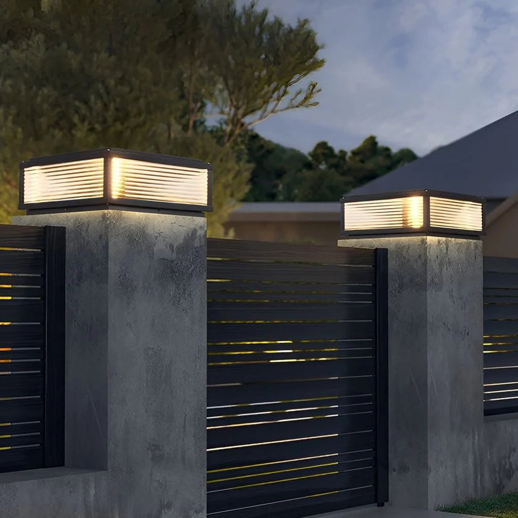 Square Pillar Light Ribbed Glass Outdoor Metal Light