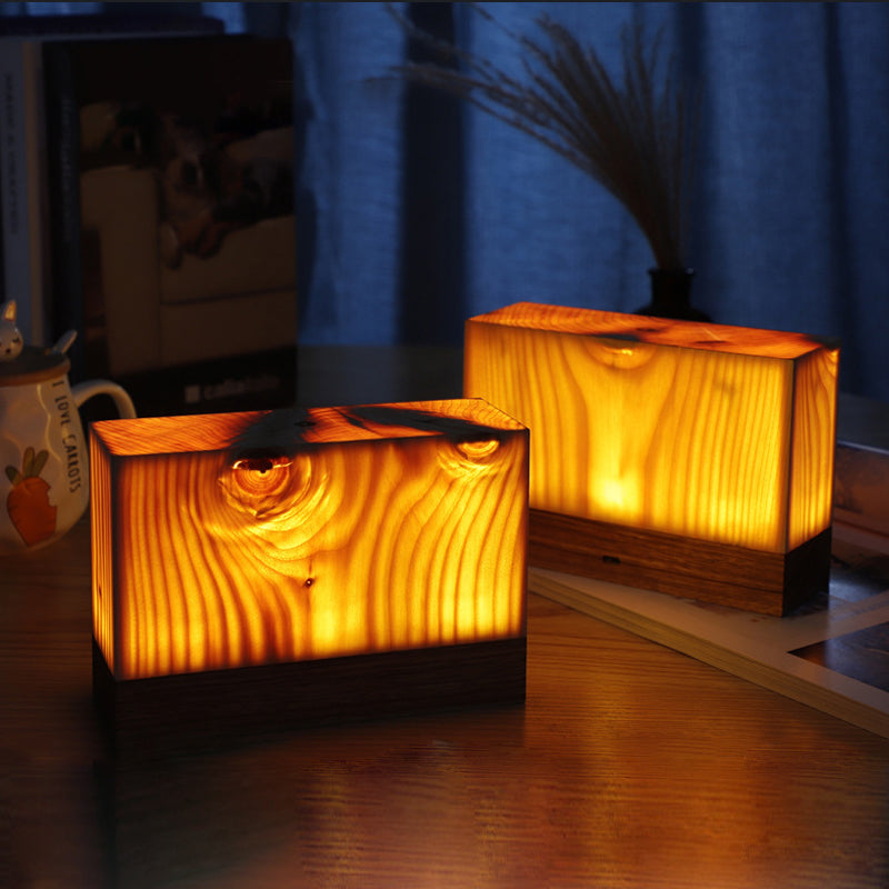 Square Wood Lamp Modern LED Cube Wood Grain Decorative Lamp